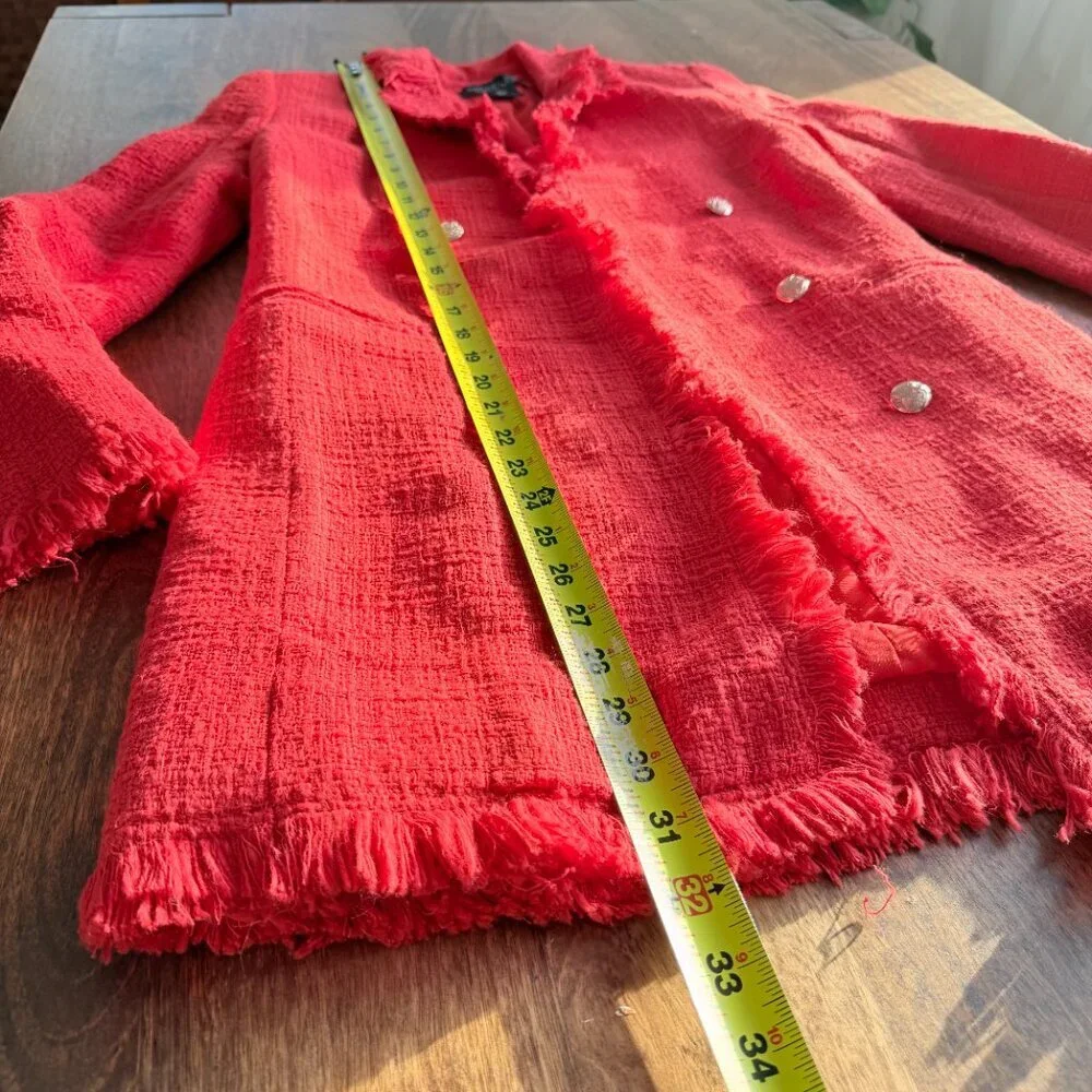 Rachel Zoe Red Tweed Double Breasted Fringe Blazer Coat Size S